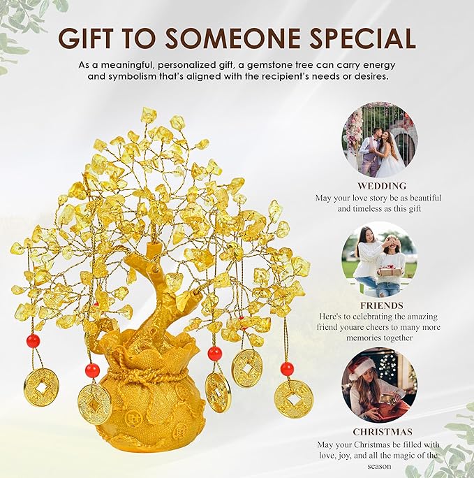 Citrine Crystal Tree with Artificial Coin Pot Base Bonsai Tree for Home & Office Decor Good Luck 6 Feng Shui Coins Money Tree Yellow Crystal Spiritual Gifts for Women Mom Sister Desk Bookshelf Decor