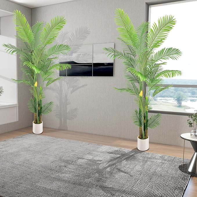Artificial Fake Palm Tree 8FT 2Pack with White Planter & Free Moss, UV Resistant Artificial Palm Tree for Outdoors, Fake Plants for Poolside Home Room Decor, Faux Plants Outdoor Decor