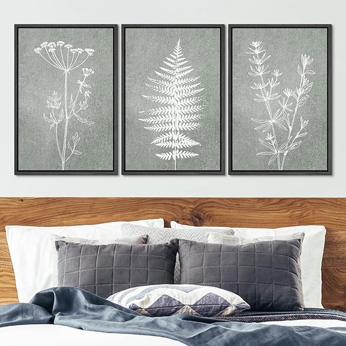 Ashbrook Framed Canvas Print Wall Art Set Green Forest Flower Plant Silhouette Nature Wilderness Illustrations Modern Art Rustic Chic Colorful for Living Room, Bedroom, Office - 24"x36"x3 Black
