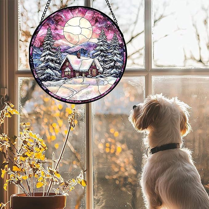 Stained Glass Window Hanging - Winter Snow Scene Cabin Moon Sun Catcher for Door Garden Home Decor Pine Tree Suncatcher Christmas Mother's Day Birthday Gifts for Women Men Mom Nana 15 in