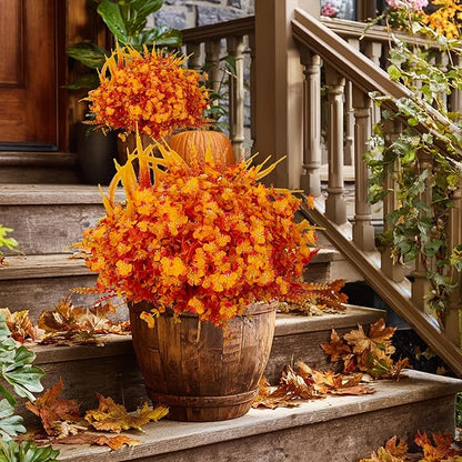 Artificial Fall Flowers for Outdoors Fake Mums - 16 Bundles Faux Fall Decor Plants No Fade Shrubs (16, OrangeYellow)
