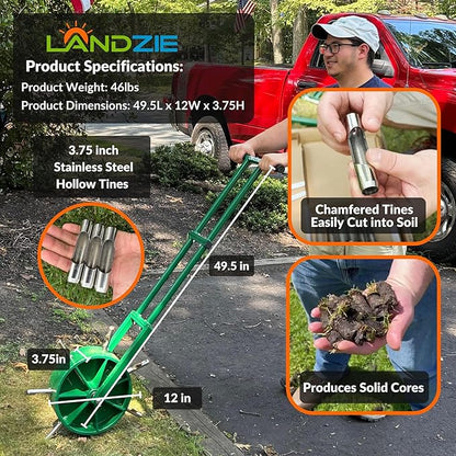 Landzie AeroCore Rolling Lawn Aerator – Manual Core Plug Aerator with Chamfered Hollow Tines – Heavy-Duty 38.8 Pound Wheel Aerator Lawn Tool – Push Yard Aerator Aeration Tool (Single)