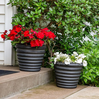 Sunnydaze Molly 12.5" Metal Outdoor Plant Pot Set with Drainage Holes and Rubber Plugs - Matte Gray - Set of 2