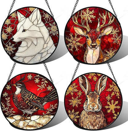 Stained Glass Window Hanging 4 Pcs Set Red Golden Snowflakes 6.3" - Christmas Elk Rabbit Suncatcher Door Garden Sun Catcher Decor Birthday for Mom Woman Nana Men