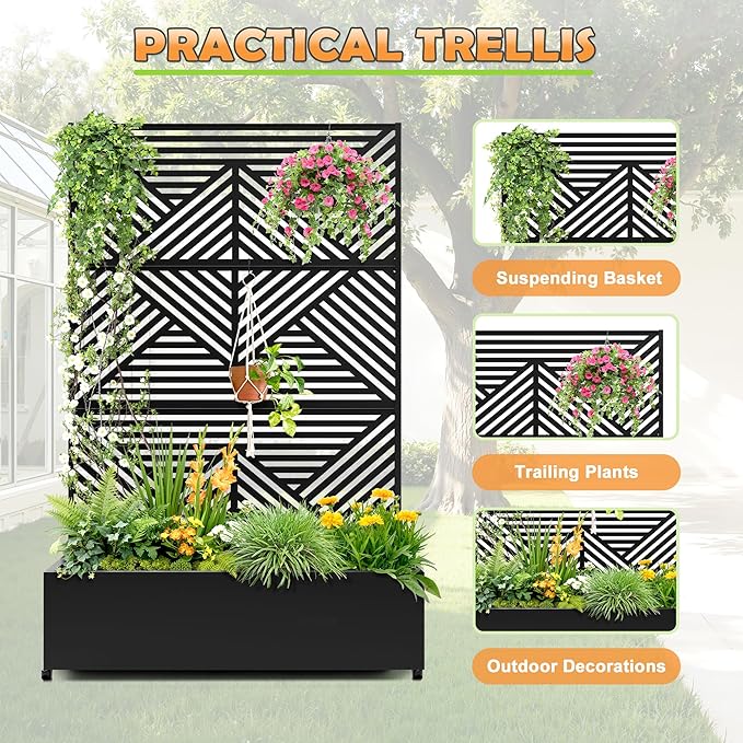 Metal Raised Garden Bed with Trellis, 2-in-1 Planter Box & Privacy Screen for Climbing Plants, Outdoor Standing Flower Bed with Drainage Holes, 47.2" L x 16.7" W x 70.8" H, Black-Zodiac