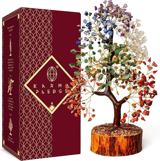 KARMAPLEDGE Crystal Tree 7 Chakra Healing Crystals for Home, Office Desk & Living Room Decor, Handmade Bonsai Trees for Positive Energy, Money, Good Luck Birthday Gifts for Women, Mom (500 Beads)