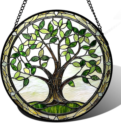 Stained Glass Window Hanging - Brown Tree Trunk Green Leaves Sun Catcher for Door Garden Home Decor Plant Suncatcher Christmas Mother's Day Birthday Gifts for Women Men Mom Nana 7.8 in