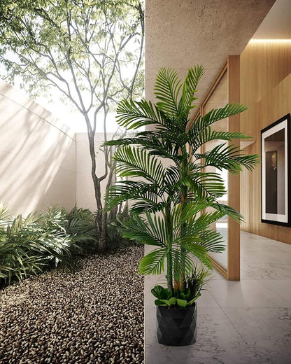 Deluxe 78" Golden Cane Palm Artificial Tree + Premium Fiddle Leaf Foliage in 8" Base + 12" Plant Pot Skirt + Bonus USA Flag Style Pot Pant