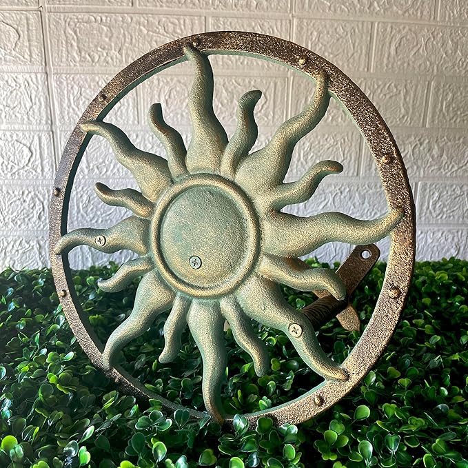 Decorative Sun Cast Iron Hose Holder – Verdigris & Bronze Finish, 11.5 In Heavy Duty Wall Mount Hose Reel, Outdoor Garden Storage Rack for Patio, Lawn, Yard, Weather Resistant, Hardware Included