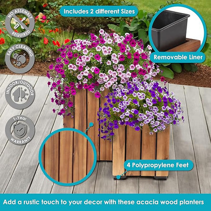 Sunnydaze Indoor/Outdoor Wooden Planter Boxes - 2 Acacia Wood Square Plant Pots with Plastic Liners - Light Brown Stain