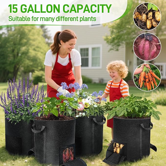 8 Pcs 15 Gallon Potato Grow Bags with Harvest & Visible Windows, Thickened Nonwoven Fabric Potato Planter,Potato Growing Containers with Sturdy Handles, Potato Bags for Growing Potatoes Vegetables