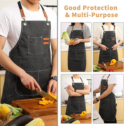 Tosewever 2 Pack Canvas Cross Back Chef Apron for Men Women with Pockets, Cotton Tool Aprons for Cooking Kitchen BBQ Artist