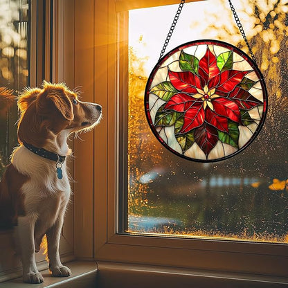 Stained Glass Window Hanging - Red Poinsettia Birth Flowers Suncatcher for Door Garden Yard Sun Catchers Decor Christmas Mother's Day Birthday Gifts for Women Mom Nana Teacher Friend 9.8 in