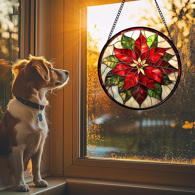 Stained Glass Window Hanging - Red Poinsettia Birth Flowers Suncatcher for Door Garden Yard Sun Catchers Decor Christmas Mother's Day Birthday Gifts for Women Mom Nana Teacher Friend 6.3 in