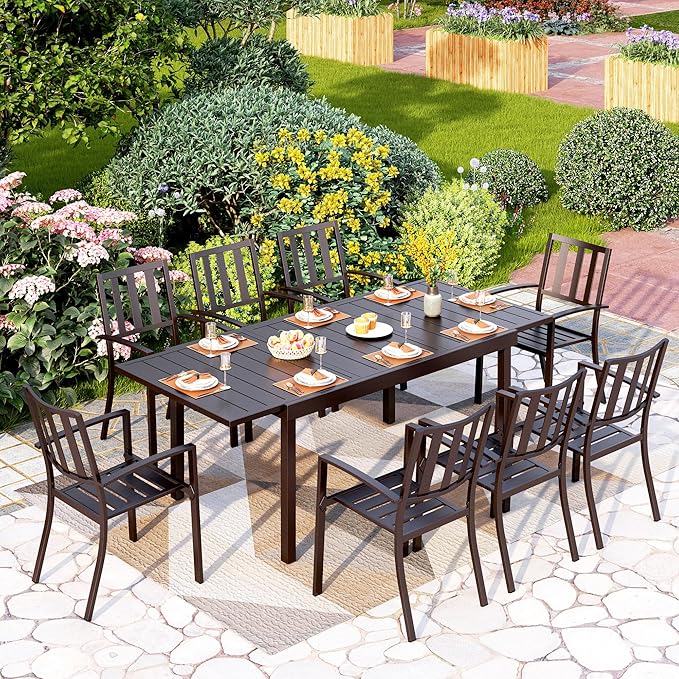 PHI VILLA 9 Piece Patio Dining Table Set, Expandable Rectangular Metal Dining Table & 8 Steel Chairs for Outdoor, Deck, Yard