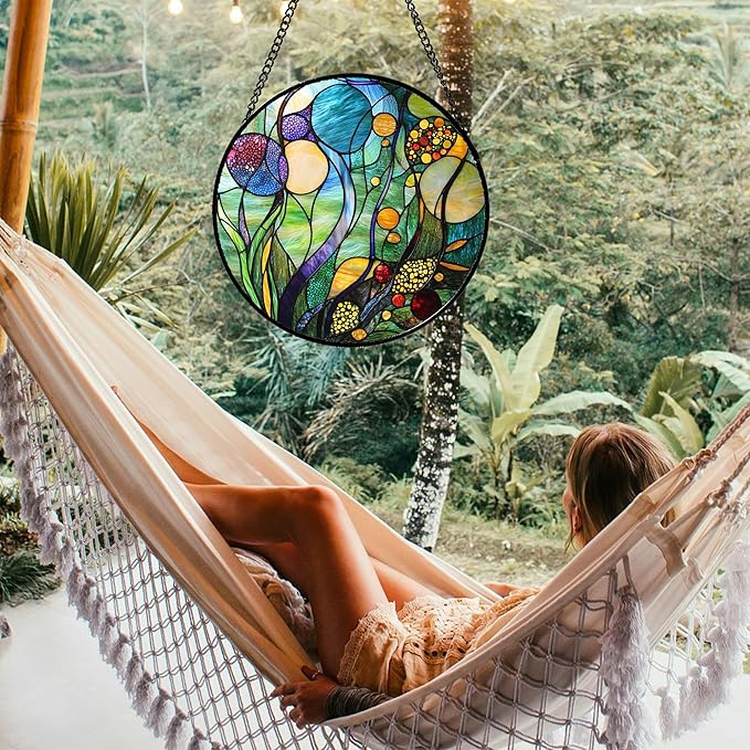 Stained Glass Window Hanging Blue Ocean Water Plants Flower 7.8" - Suncatcher Door Garden Sun Catcher Home Decor Birthday Christmas for Mom Men Woman Nana Friend