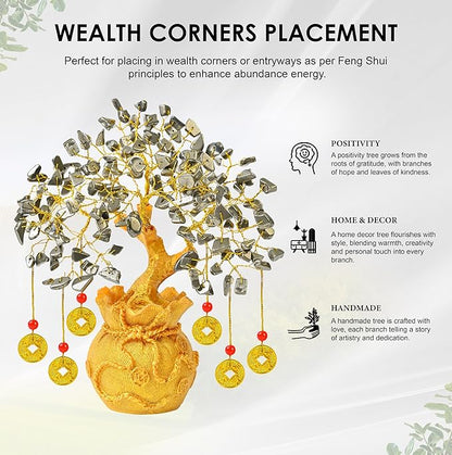 Pyrite Crystal Tree with Artificial Coin Pot Base Bonsai for Home & Office Decor Good Luck 6 Feng Shui Coins Money Wealth Tree Golden Crystal Spiritual Gifts for Women Mom Sister Desk Bookshelf Decor