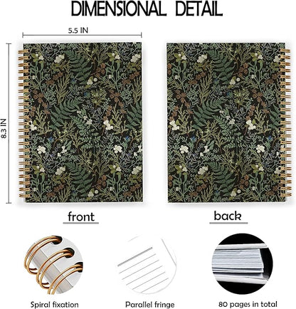 Dark Green Botanical Spiral Notebook, Cottagecore Wildflower Plants Notebooks for Note Taking, Vintage Fern Herb Leaf Floral Journals for Writing, Rustic Hardcover Journal, 5.5x8.3 Inch