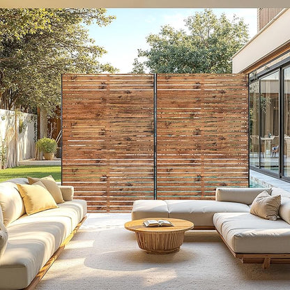 Metal Privacy Screen, 72" H×47" W Outdoor Privacy Screen, Freestanding Decorative Privacy Screen for Deck Balcony Patio, Natural Wood Brown