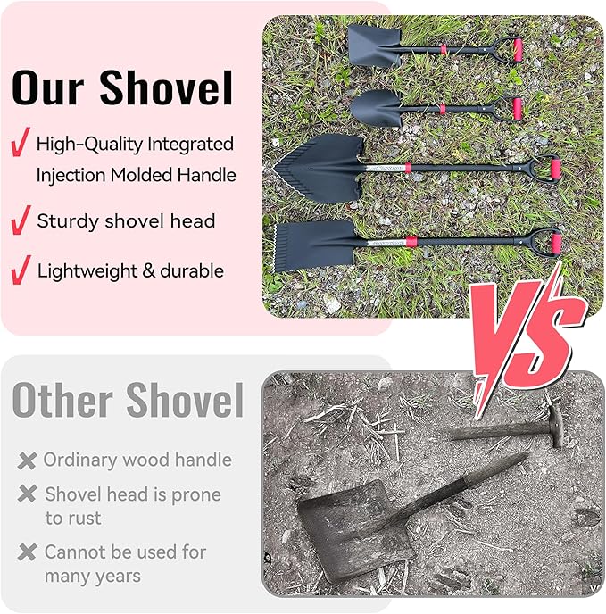 SHARK ATTACK 5-Piece Steel Shovel Set with D-Grip Handles Sifting Shovel- Multi-Size Garden Shovels with Powder Coating for Digging, Planting & Car Emergency