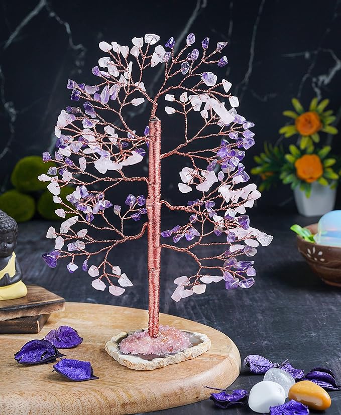Amethyst & Rose Quartz Crystal Tree of Life - Handmade Gemstone Tree, Geode Agate Slice Base, Chakra Tree of Life, Feng Shui Tree, Money Tree, Crystal Decorations, Spiritual Gifts, Healing Crystal