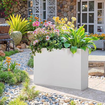 Rectangle Planter for Indoor & Outdoor, Tall and Long Planter Boxes with Drainage Holes, Mental Divider Planter Box All-Weather Use for Plants, Flowers, 35" L x 9" W x 26" H, White