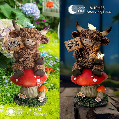 Highland Cow Garden Statue with Solar Butterfly Lights, Spring Outdoor Highland Cow on Mushroom Butterfly Decoration for Yard, Patio, Lawn, Cows Figurine Housewarming Gift for Women, Mom