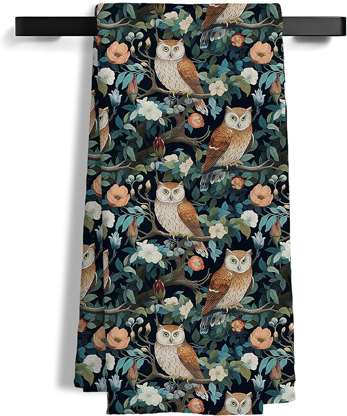 Vintage Floral Owl Kitchen Towels, Owl Gifts for Women Decorative Hand Towels for Bathroom, Dark Botanical Flower Dish Tea Towel for Kitchen Decor, 16x24 Inch