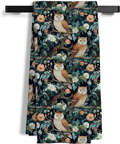 Vintage Floral Owl Kitchen Towels, Owl Gifts for Women Decorative Hand Towels for Bathroom, Dark Botanical Flower Dish Tea Towel for Kitchen Decor, 16x24 Inch