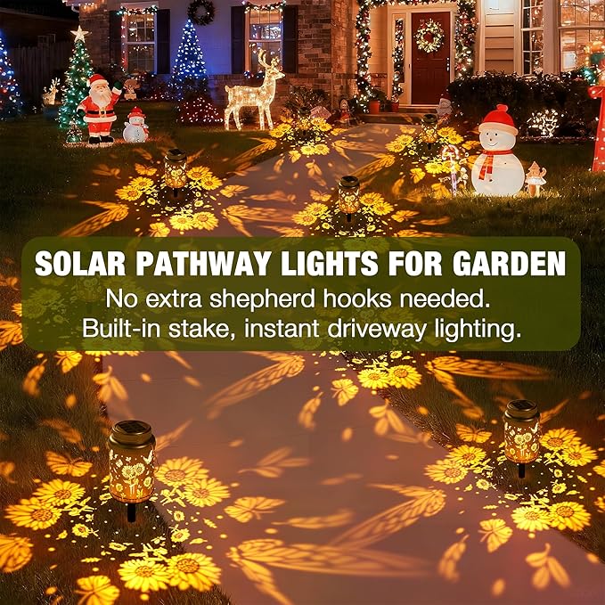 Cooo 6 Pack Solar Lanterns Outdoor Waterproof Sunflower Butterfly Solar Pathway Lights Landscape Path Christmas Gifts for Women Mom Grandma for Outdoor Table Lamps Garden Yard Backyard Decor -Gold