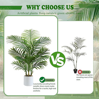 Artificial Palm Tree Indoor, 3.5FT Tall Faux Plants, Fake Tropical Silk Floor Plant with White Planter, Faux Areca Palm Plant Artificial Tree in Pot for Home Room Office Outdoor Patio Decor