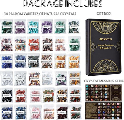 Polished Healing Crystal Chips Stones Set, 36 Different Natural Gemstone Types, 2.5 lbs 0.3" Tumbled Decorative Rocks Collection for Chakra, Meditation, Reiki, Crafts