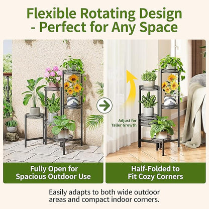 6 Tier Large Plant Stand Indoor with 7.9-Inch Wide Drainage Tray, Tiered Corner Metal Outdoor Flower Display Holder Shelf, Folding Tall Rack for House Patio Porch Balcony Graden - BlackFlower