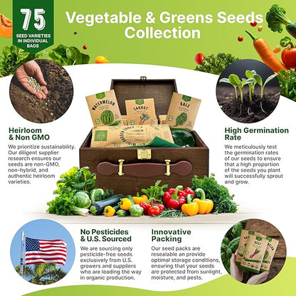 75 Vegetable & Greens Seeds Variety Pack, Garden Seed Starter Kit - Over 44,700 Non-GMO Heirloom Seeds for Planting Vegetables and Greens, Seed Box with Gardening Supplies, Survival Kit
