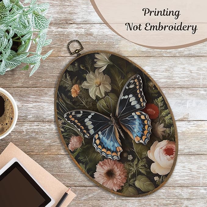 LKETW Vintage Butterfly Floral Oval Wall Art Decor, William Morris Butterfly Oval Canvas Hanging Decor, Cottagecore Moth Flower Botanical Wall Decorations for Home Bedroom Living Room, 8.6x11.4 Inch