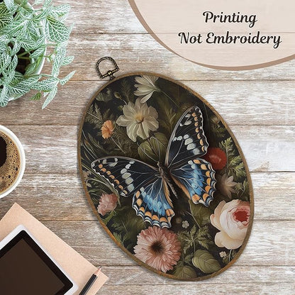 LKETW Vintage Butterfly Floral Oval Wall Art Decor, William Morris Butterfly Oval Canvas Hanging Decor, Cottagecore Moth Flower Botanical Wall Decorations for Home Bedroom Living Room, 8.6x11.4 Inch