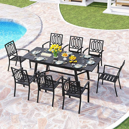 PHI VILLA 9 Pieces Outdoor Dining Set for 8, 84" Long Expandable Metal Steel Table & Stacking Wrought Iron Chairs, Modern Furniture Set for Patio, Deck, Yard, Porch - Black