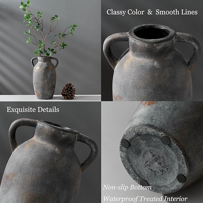9.84 Inch Terracotta Vase with Handles, Ceramic Rustic Vase for Home Decor, Vintage Antique Farmhouse Decor for Living Room, Table, Thanksgiving - Black Bronze