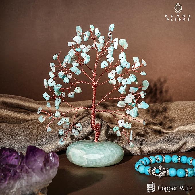 KARMAPLEDGE Crystal Tree of Life Home and Office Feng Shui Decor, Amazonite Healing Crystal Handmade Bonsai Tree for Positive Energy, Good Luck, Money, Christmas Decor, Birthday Gifts for Women, Mom