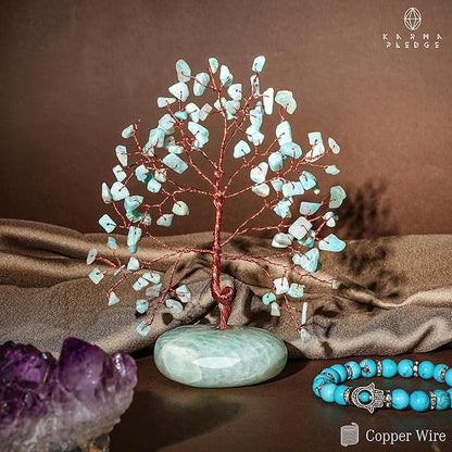 KARMAPLEDGE Crystal Tree of Life Home and Office Feng Shui Decor, Amazonite Healing Crystal Handmade Bonsai Tree for Positive Energy, Good Luck, Money, Christmas Decor, Birthday Gifts for Women, Mom