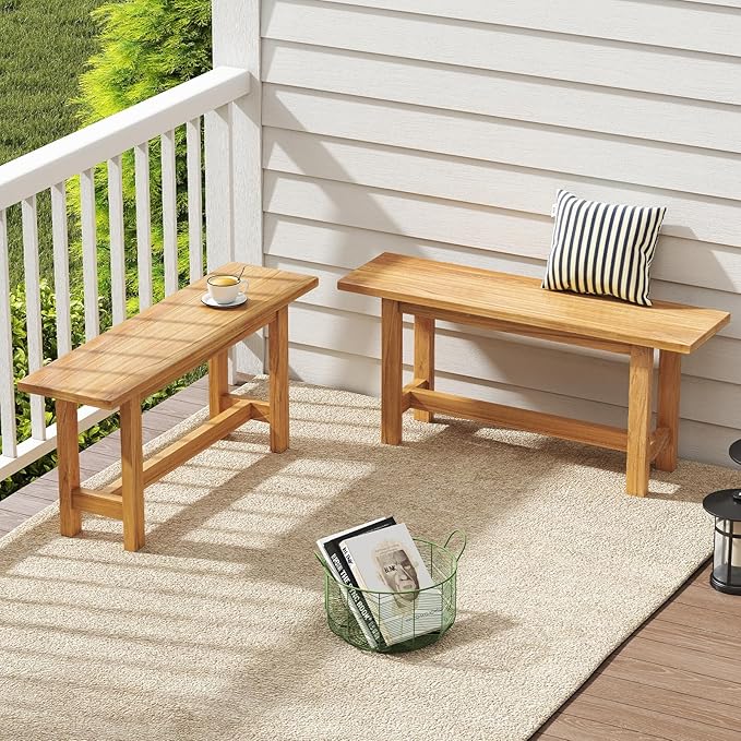 Tangkula Outdoor Teak Wood Bench, Patio Dining Bench Seat, Wooden Garden Bench, 2-Person Loveseat Seating for Porch, Backyard and Poolside (2,Natural)