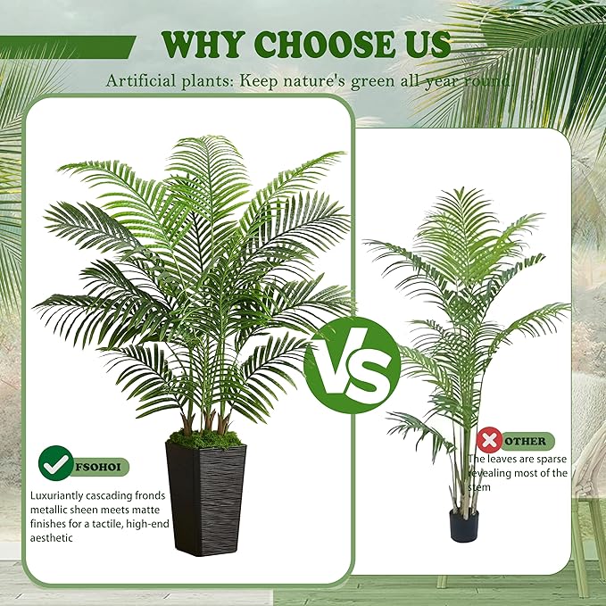 Artificial Palm Tree Indoor, 5FT Fake Floor Plants Large Tropical Silk Plant with Black Square Planter, Faux Areca Palm Plant Artificial Tree in Pot for Home Room Office Outdoor Patio Decor