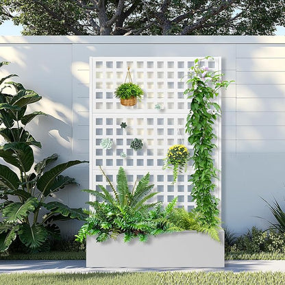 Metal Raised Garden Bed with Trellis, 2 in 1 Trellis with Planter Box & Privacy Screen for Climbing Plants, Vine, Outdoor Standing Flower Beds with Drainage Holes, 47.2" L x 16.7" W x 70.8" H, White