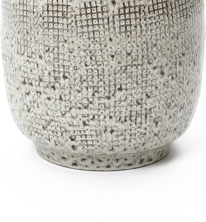 LuxenHome 12-Inch Large Ceramic Pots for Plants, Modern Gray Grid-Pattern Glazed Ceramic Planters Pots for Outdoor Plants with Drainage Hole and Plug, Round Indoor Flower Pot for Home Garden Patio