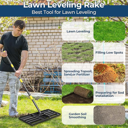 Professional Lawn Leveling Rake 30x10in - Heavy Duty Leveling Tool with 72in Adjustable Stainless Steel Handle | Golf Field Sand Spreader, Football Pitch Grass Leveler | Rustproof Turf Grading Rake