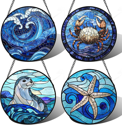 Stained Glass Window Hanging 4 Pcs Set Blue Ocean Waves 6.3" - Starfish Crab Seal Suncatcher Door Garden Sun Catcher Decor Birthday for Mom Woman Nana Men Friend