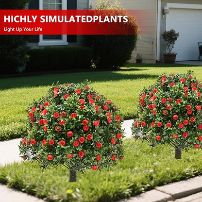 28" Artificial Boxwood Topiary Tree with Rose, Set of 2 Artificial Shrub Bushes with Ground Spike, Fake Evergreen Tree for Porch, Artificial Plants for Outdoor Planters Indoor UV Resistant