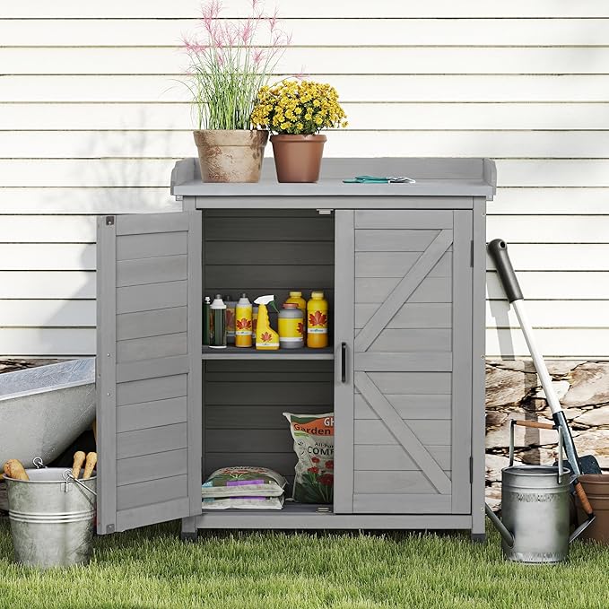 Potting Bench with Storage Cabinet and Metal Table Top for Outdoor Patio, Garden Furniture Wood Workstation (Classsic Grey, 31.5x17x39)