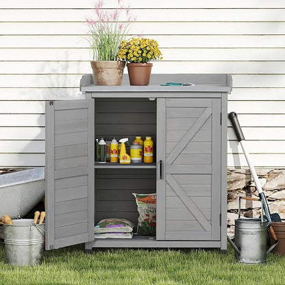 Potting Bench with Storage Cabinet and Metal Table Top for Outdoor Patio, Garden Furniture Wood Workstation (Classsic Grey, 31.5x17x39)