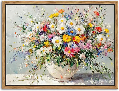 Floating Frame Canvas Wall Art, Vintage Watercolor Floral Pictures Wall Decor, Country Farmhouse Colorful Wildflower Poster Prints for Living Room Bathroom Dining Room Decor 12X16 inch